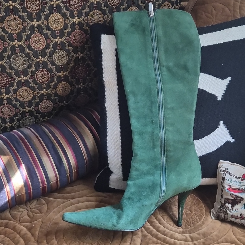 Women's Green Suede Knee-High Heeled Boots - Picture 2 of 5